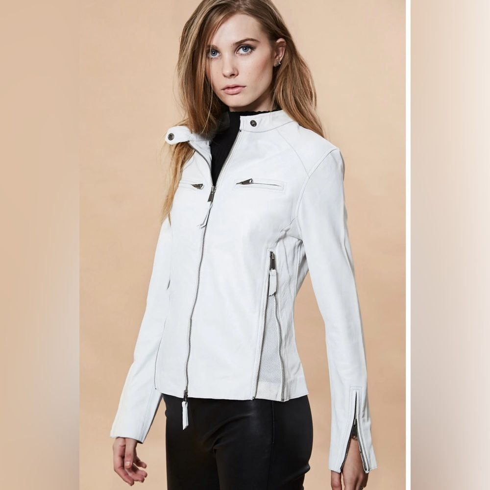 Jakett New York Chic White  genuine Leather Jacket for Women, M